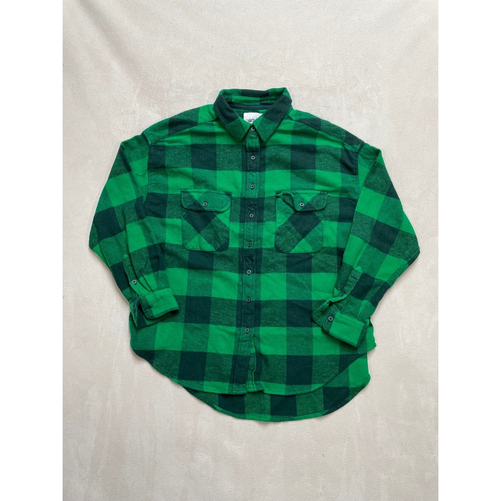 Aerie Green Black Buffalo Plaid Flannel Button Down Shirt Oversized XS TP